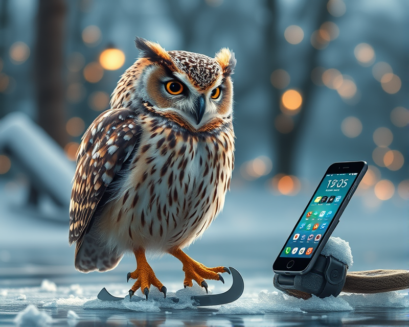 owl, cell phone, ice skate